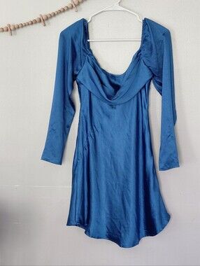Saints And Secrets Blue Satin Cowl Neck Long Sleeve Formal Mini Dress Elegant